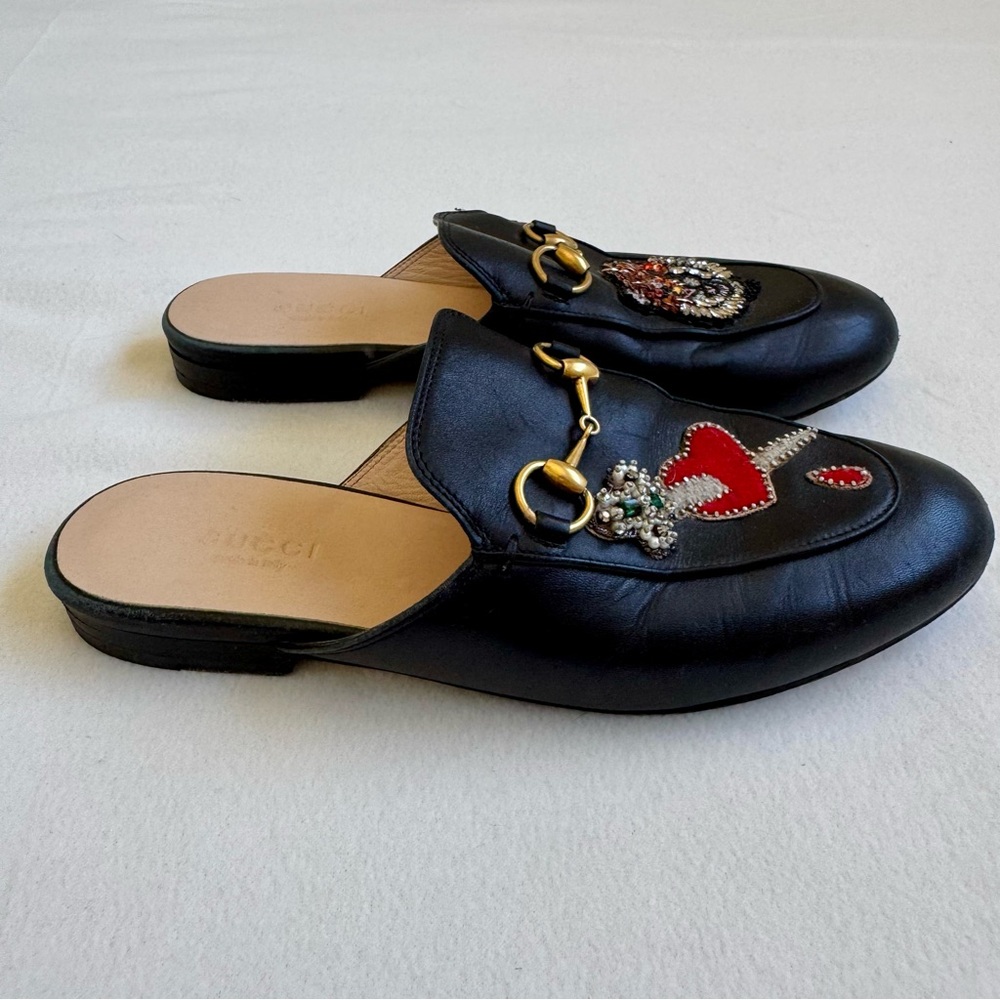 GUCCI Calfskin Crystal Tiger Embroidered Princetown Slippers - Picture 2 of 10
